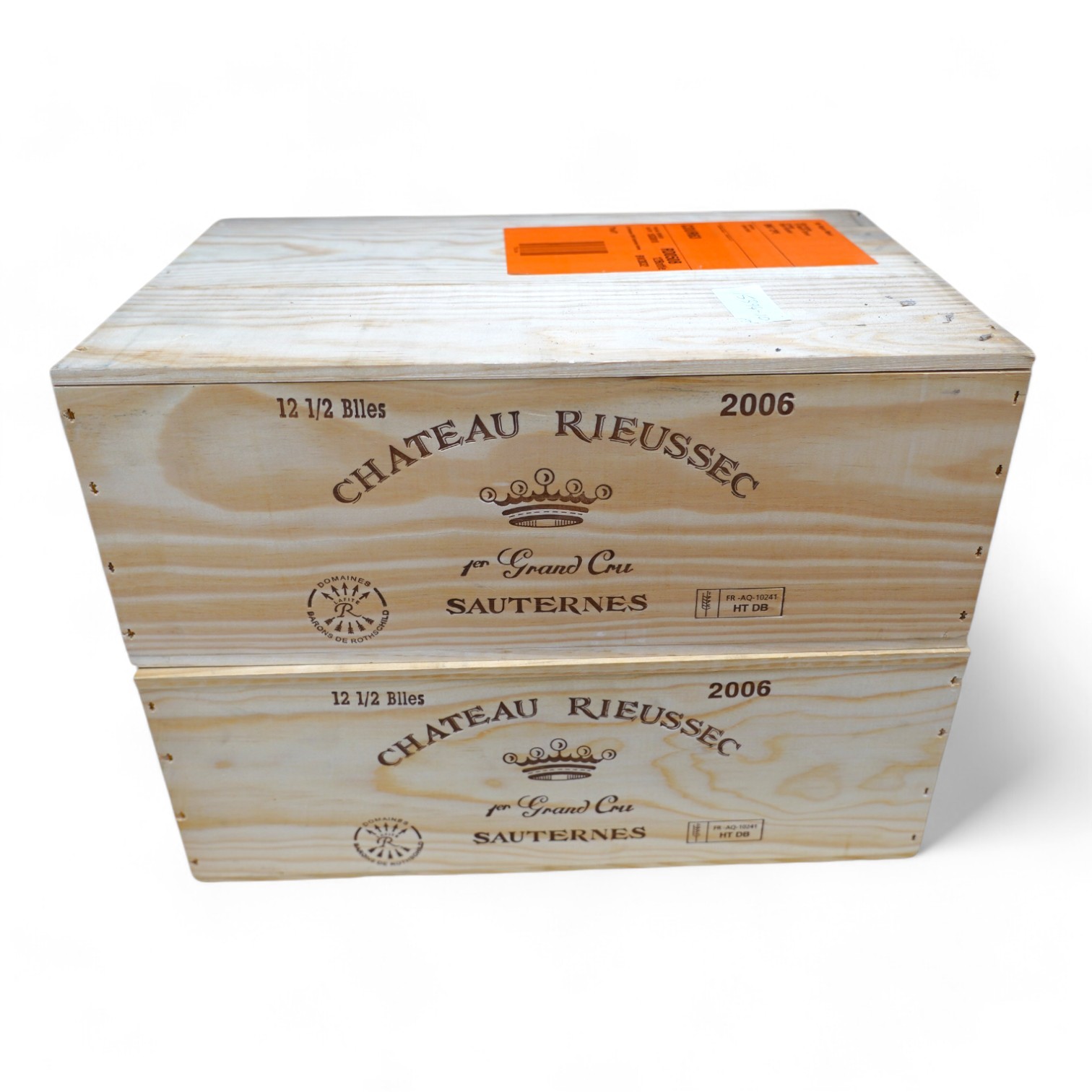 Two sealed cases of twelve half bottles (twenty-four bottles) of 2006 Chateau Rieussec, Sauternes, in OWC's, purchased en primeur from the wine society. Condition - good